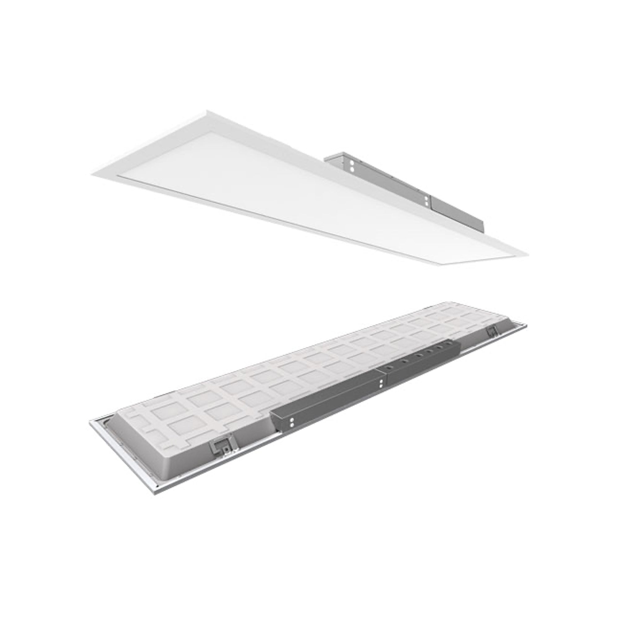 Front and back views of 1x4 LED panel light designed for commercial space on T-bar ceiling.  LED panel light for offices in Edmonton, Vancouver, and Calgary. 